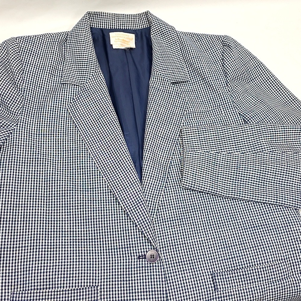 Vintage‎ Pendleton Blazer Womens 14 Navy Blue Gingham Silk Blend Single Button